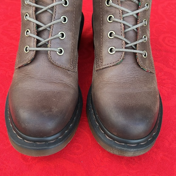 Dr. Martens Granny Style Plaid Lined Mid Calf Lace Up Heeled Brown Leather Boots - Picture 14 of 17
